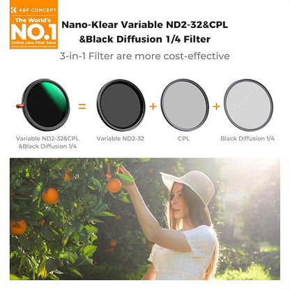 K&F CONCEPT 77mm Black Diffusion Mist Effect 1/4 & Variable ND2-32(1-5 Stops) & Circular Polarizing Filter CPL-in 1 Lens Filter with 18 Multi-Coatings for Camera Lenses (K-Series)