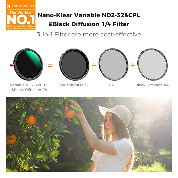 K&F CONCEPT 43mm Black Diffusion Mist Effect 1/4 & Variable ND2-32(1-5 Stops) & Circular Polarizing Filter CPL-in 1 Lens Filter with 18 Multi-Coatings for Camera Lenses (K-Series)
