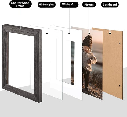 KINLINK A4 Picture Frame, Ash Black Solid Wood Frames with Acrylic Plexiglass for Pictures A5 with Mat or A4 without Mat, Tabletop and Wall Display Photo Frame 4 Pack