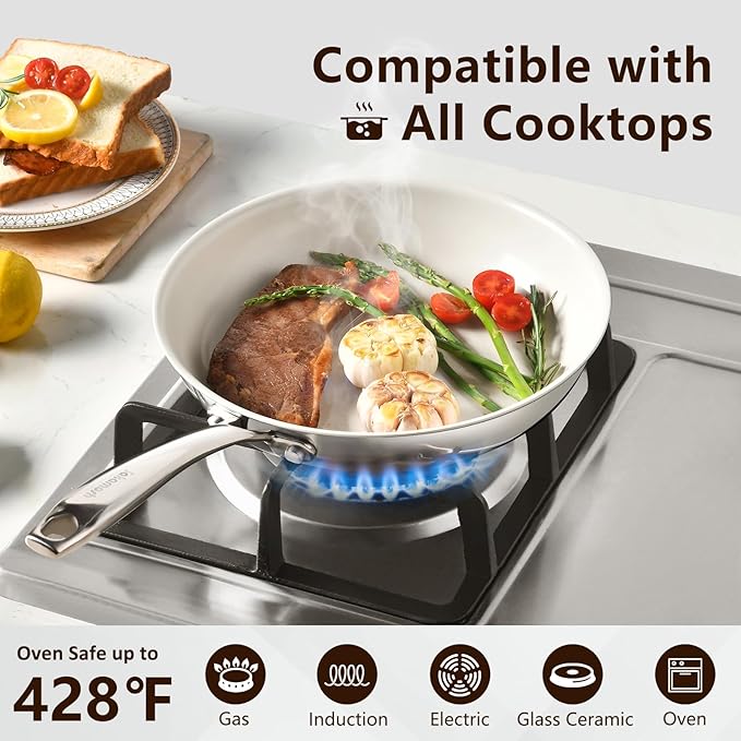 8" Tri-Ply Stainless Steel Frying Pan, Nonstick Ceramic Pan, Skillet with Stay-Cool Handle, Non Toxic, PFAS PFOA PTFE Free, Dishwasher & Oven Safe, Induction, Compatible with All Cooktops