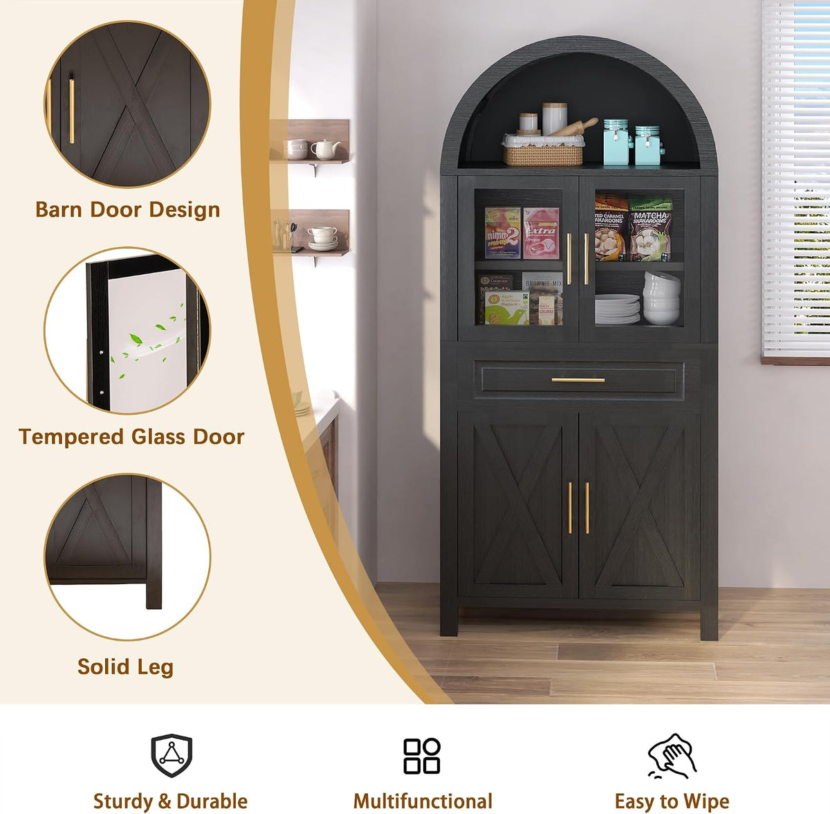 71" Tall Arched Kitchen Pantry with Glass Door, Farmhouse Storage Cabinet with Adjustable Shelves & Barn Door for Kitchen, Living Room, Dining Room, Black