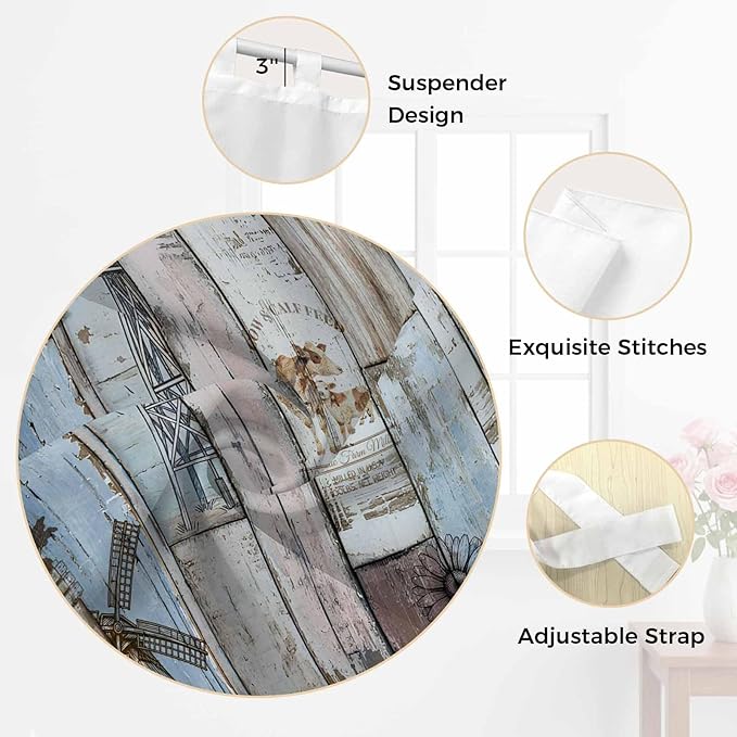 Blue Grey Wooden Living Room Curtains 84 Inch Length, Window Curtains Tab Top, Farmhouse Barn Sunflowers Retro Light Filtering Window Treatments Drapes 42"x84" 2 Panel