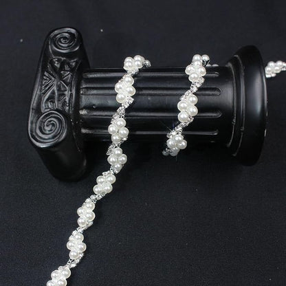 PEARLY JUN 2 Yards Pearl Rhinestone Trim Chain Silver Crystal Fringe Diamond Applique Ribbon String Tassel Strip for Sewing Wedding Dress Crafting Crafts Flower Embellishments