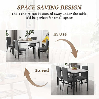 Dining Table Set for 4, 47.2" Faux Marble Kitchen Table Set with 4 Upholstered Velvet Chairs, Dinette Table Set for Dining Room, Kitchen, Breakfast Corner (Gray)