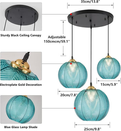 KCO Lighting Modern 3-Light Blue Striped Glass Pendant Light Fixture Nordic Glass Ball Cluster Chandelier Vintage Large Globe Pendant Lighting Mid-Century Black Island Light for Kitchen
