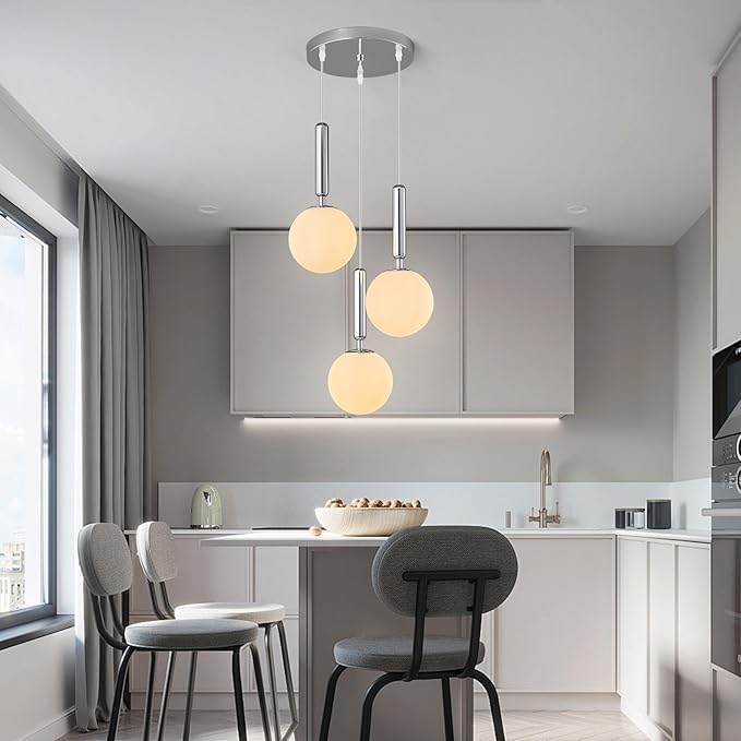 Modern Chrome Pendant Light Hanging Fixture Light for Kitchen Island Mid Century with Globe Pendant Light Milk White Glass Pendant Lighting for Living Room Bedroom Entryway (3 Lights)