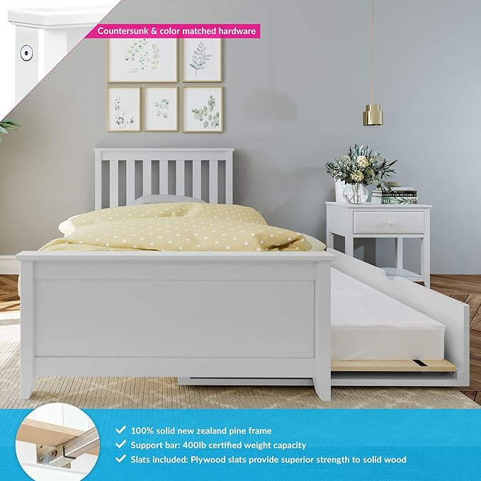 Max & Lily Twin Bed, Wood Bed Frame with Headboard For Kids with Trundle, Slatted, White