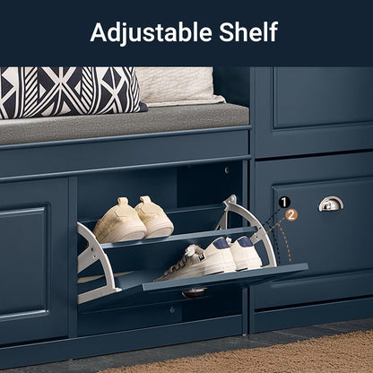 Haotian Shoe Storage Bench Entryway, Shoe Cabinet Bench with 2 Flip Drawers & Cushion, Modern Design Shoe Organizer for Hallway, Navy Blue FSR64-B