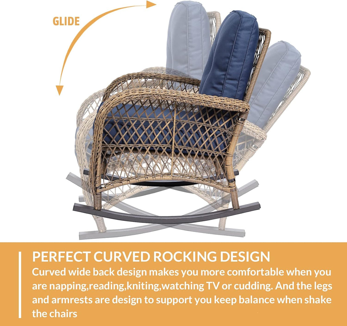 Outdoor Wicker Rocking Chair with Thickened Cushions, All-Weather Rattan Patio Rocking Chairs, Rocker Wicker Chair for Porch Garden & Backyard, Navy Blue
