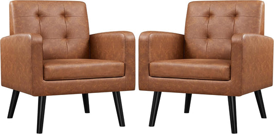 Yaheetech Mid Century Accent Chairs Set of 2 Living Room Chairs Retro Brown | Faux Leather Upholstered Sillones Para Sala, Modern Reading Nook Chairs, Button Tufted Back, Rubberwood Legs, Bedroom Office