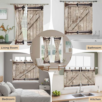 Farmhouse Wood Grain Kitchen Curtains 45 Inch Length, Short Cafe Window Curtains Tab Top, Vintage Country Barn Gate Brown Light Filtering Window Treatments Tier Drapes 27.5"x45" 2 Panel