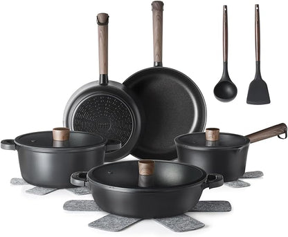 SENSARTE Nonstick Cookware Set Pots and Pans Set Kitchen Non-stick Cooking Set, Dishwasher & Oven Safe, Induction Compatible, Free of Intentionally Added PFOA/PFOS, 15pcs, Black