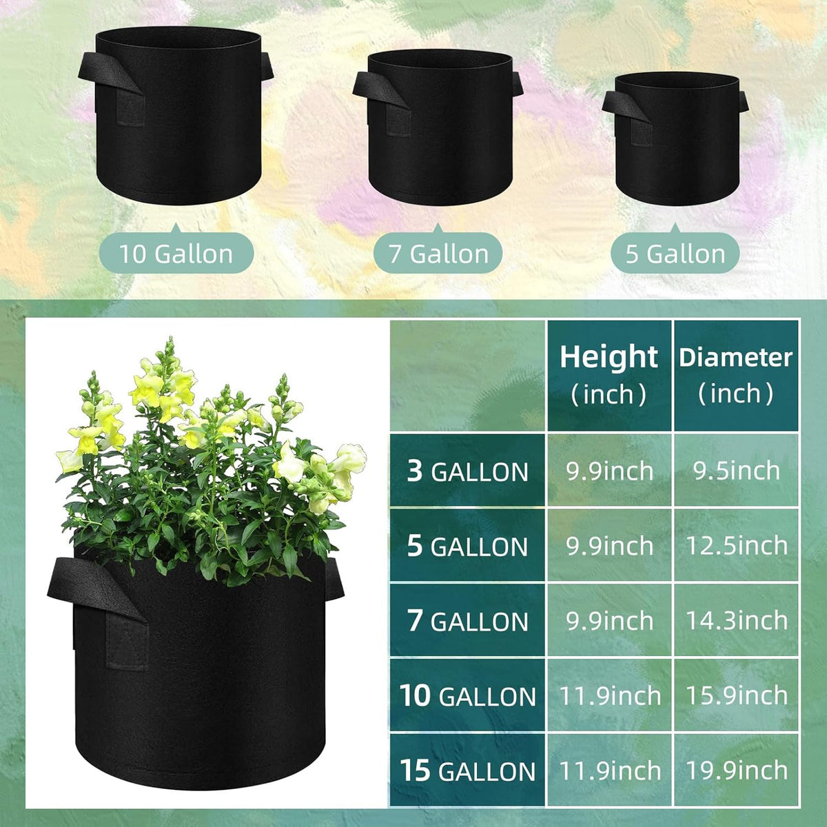 200 Pack 5 Gallons Grow Bags, Non-Woven Fabric Pots Plant Bags, Plant Grow Bags with Handles, Garden Planting Bags for Potatoes, Carrots, Tomatoes and Other Vegetable,Fruits