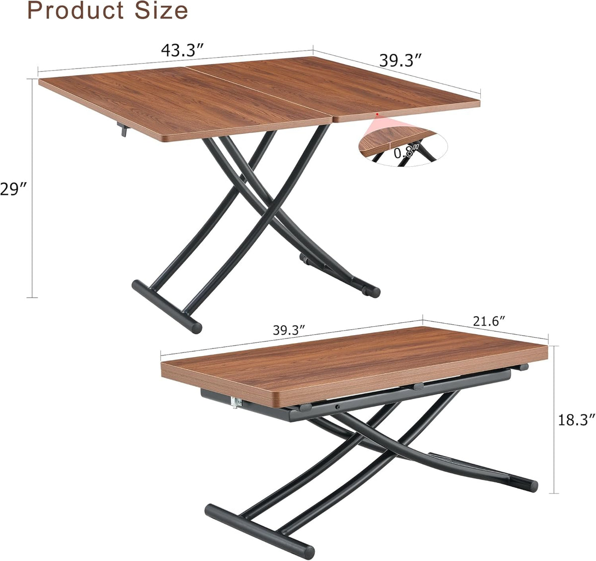 Multifunctional Height-Adjustable Folding Table - Coffee to Dining Transformer, Wooden Top & Metal Legs, Modern for Small Spaces (Kitchen/Living) (Walnut)