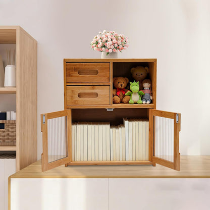 Countertop Bamboo Kitchen Pantry, 16.5*9*18.9in, Freestanding Sideboard with 2 Drawers and Clear Doors, Large Capacity Storage Cabinet for Home Kitchen Dining Living Room, Natural Wood Color