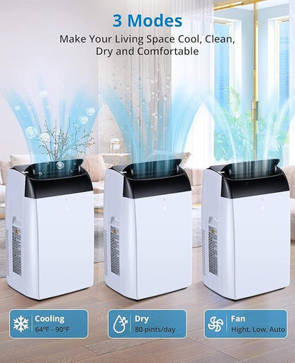 14000 BTU Portable Air Conditioner, Portable AC Unit with Fan & Dehumidifier, Air Conditioner Portable for Rooms Up to 750 Sq Ft, Remote Control, 24H Timer for Bedroom, Office, Apartment, White