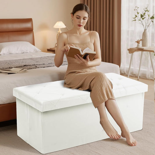 Sweetcrispy 43 Inch Storage Ottoman Bench, Folding Ottoman with Storage | Foot Rest Stool with Padded Seat, End of Bed Storage Bench for Living Room, Bedroom, Loads 660 LBS, Synthetic Leather, Beige