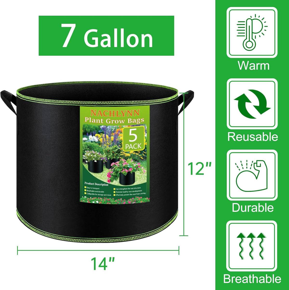 NACHLYNN 5-Pack 7 Gallon Grow Bags Thickened Nonwoven Fabric Pots with Handles Heavy Duty Aeration Fabric Pots Plant or Fruits Flowers Plant for Gardening