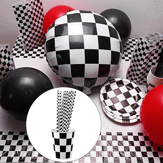 50 Pcs Checkered Flag Paper Straws Racing Car Straws Black and White Checkered Drinking Straws for Racing Birthday Party Decorations, Standard, Black/White