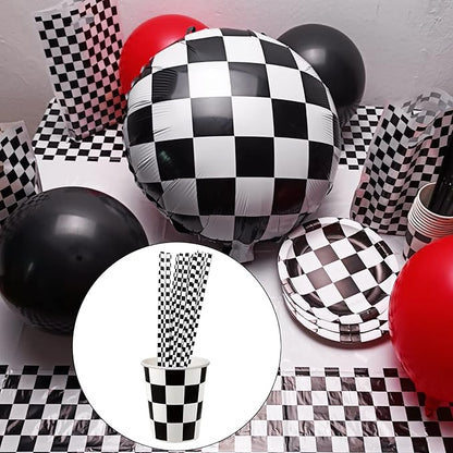 50 Pcs Checkered Flag Paper Straws Racing Car Straws Black and White Checkered Drinking Straws for Racing Birthday Party Decorations, Standard, Black/White