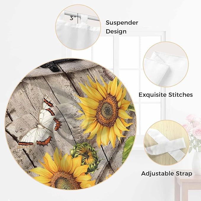 Farmhouse Sunflowers Bathroom Curtains 63 Inch Length, Window Curtains Tab Top, Rustic Barn Doors Flowers Butterfly Wooden Light Filtering Window Treatments Drapes 52"x63" 2 Panel