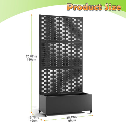 Metal Raised Garden Bed with Trellis, 2-in-1 Planter Box & Privacy Screen for Climbing Plants, Outdoor Standing Flower Bed with Drainage Holes, 35.4" L x 15.7" W x 70.1" H, Black-Brick