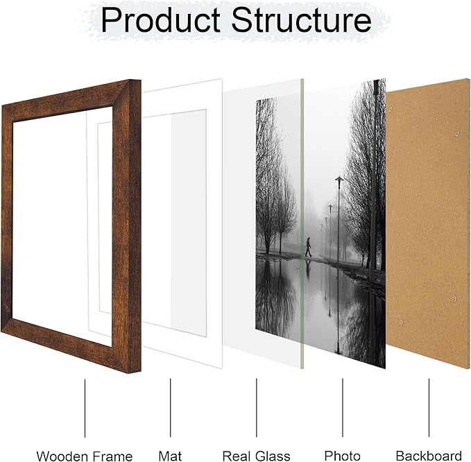 8x12 Picture Frame Set of 4 with High Definition Real Glass, Display 6x8 Pictures with Mat or 8 x 12 Without Mat, Wood Rustic Photo Frames for Tabletop and Wall Mounting