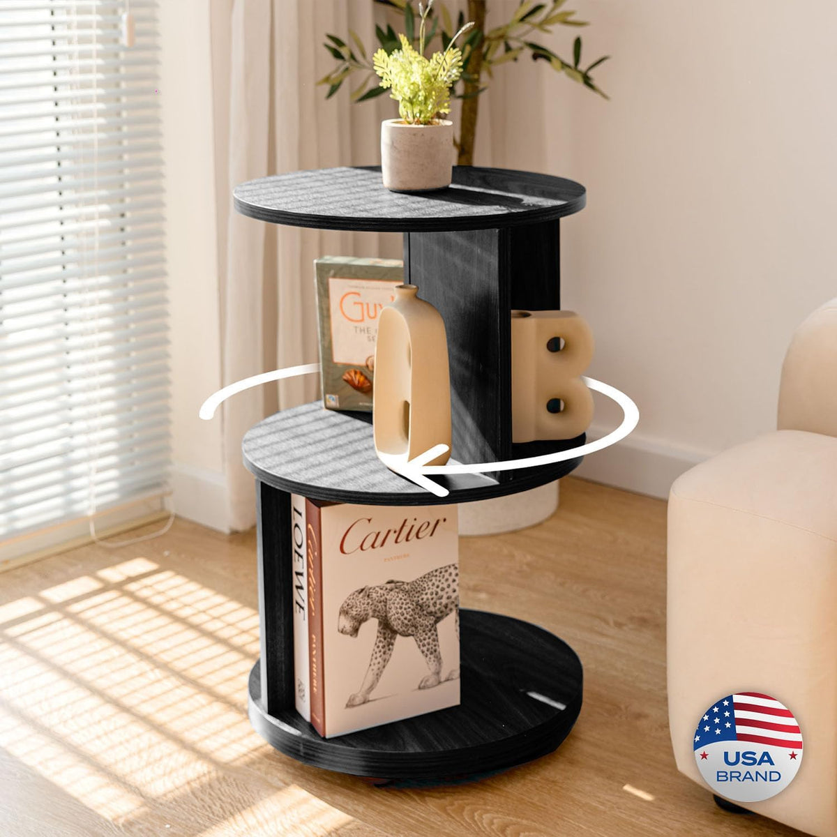 KAYMILY Round End Tables, Mid Century Modern 3 Tier Side Table for Living Room, Bedroom, Office, 25" Tall Accent Nightstand with Open Storage Shelves, Easy Assembly, MDF Wood - Rotating - Black