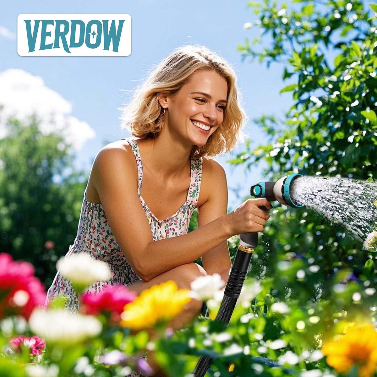 VERDOW Garden Hose 50 ft, Non-Expandable Lightweight Water Hose, 360° Swivel Fittings, 10-Pattern Spray Nozzle Flexible Hose for Yard, Lawn, Ourdoor Ues