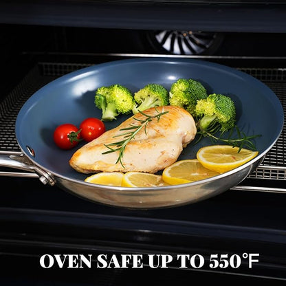 Stainless Steel Non Stick Frying Pan,10 Inch Healthy Non Toxic Ceramic Coating Cookware with Lid,Works on Induction, Electric Stove and Gas Cooktops,PTFE PFAS PFOA Free Skillet,Dishwasher&Oven Safe