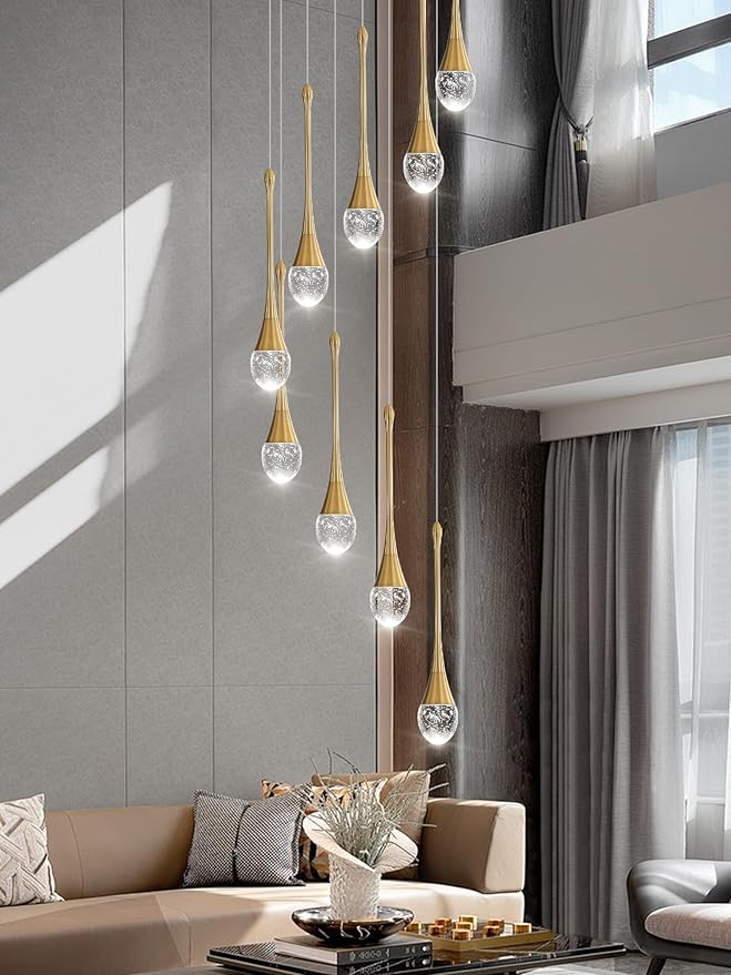 H100'' Modern Chandelier 9-Lights Gold Foyer Entrance Chandeliers High Ceiling Chandelier LED Dimmable 2700-6000K Fixtures