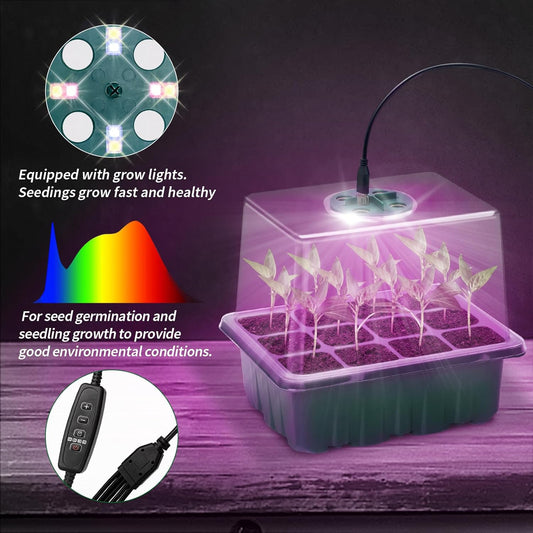 Seed Starter Tray, 2 Pcs Plant Propagation Station with Grow Light,Seedling Starter Trays with Timing Controller,Mini Greenhouse Kit with Humidity Domes and Base,Plant Tray for Seeds Growing Starting