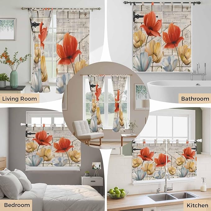 Retro Floral Living Room Curtains 84 Inch Length, Window Curtains Tab Top, Red Yellow Tulips Barm Doors Farmhouse Wooden Light Filtering Window Treatments Drapes 52"x84" 2 Panel
