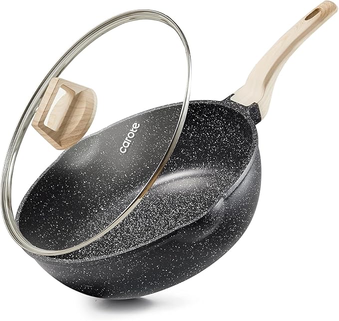 CAROTE 10Inch Nonstick Deep Frying Pan with Lid, 4.5 Qt Jumbo Cooker Saute Pan with Pour Spout, Skillet Induction Cookware, Non Stick Cooking Pan PFOA Free, Classic Granite