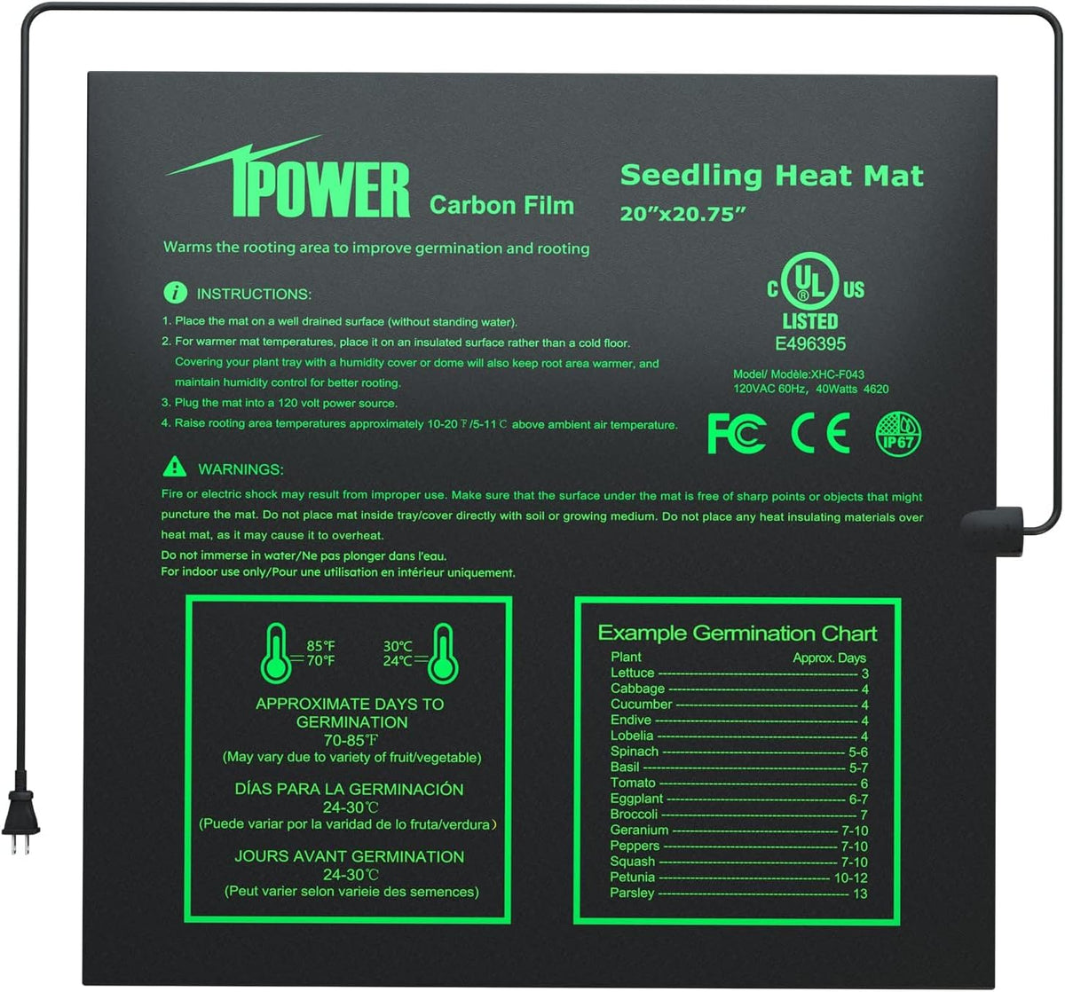 iPower Seeding Heat Mat Upgraded Carbon Film Indoor Warm Hydroponic Plant Germination Starting Pad Durable Waterproof, 20" x 20.75", Black