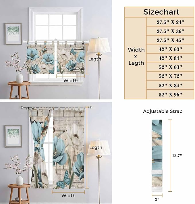 Teal Blue Tulips Kitchen Curtains 45 Inch Length, Short Cafe Window Curtains Tab Top, Spring Floral Barn Doors Vintage Wood Beige Light Filtering Window Treatments Tier Drapes 27.5"x45" 2 Panel