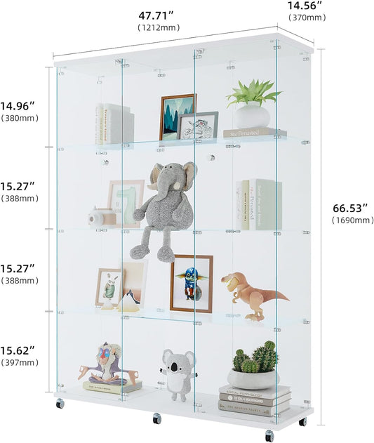 4 Shelves Glass Display Cabinet with 2 Doors Extra Large Display Case Curio Cabinets with Whees & Lock,Glass Bookshelf Storage Collection Display Case for Living Room,47.71"W x 14.37" D x 66.53"H