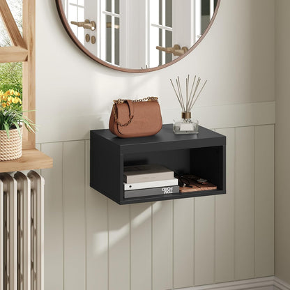 MAHANCRIS Floating Nightstand Set of 2, Wooded Wall Mounted Nightstand, Floating Bedside Table with Open Shelf Cubby, Floating Night Stand Wall Shelf for Bedroom Living Room, Kitchen, Black ETBK4901S2