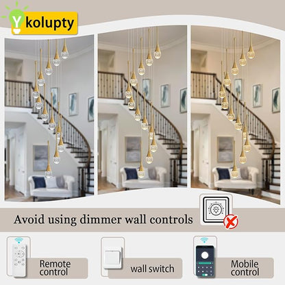 12-Lights Staircase Chandelier Gold Pendant Light Fixture for Sloped High Ceiling Raindrop Chandelier for Living Room Foyer Hallway Villa