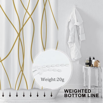 Punkray Gold Light Brown and White Striped Wavy Line Polyester Shower Curtain for Bathroom with Hooks, Extra Long Shower Curtain Set Decor Weighted Hem Washable, 72 x 78