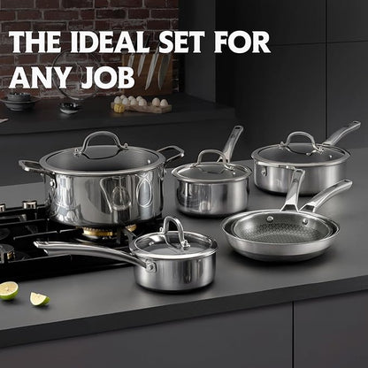 SNOWCLAD Pots and Pans Set Non Stick, 10 Pcs Hybrid Stainless Steel Cookware Sets, Non Stick Frying Pans, Saucepans, Saute Pan & Stock Pot, PFOA Free Kitchen Skillet,Induction Compatible