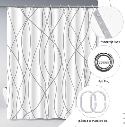 Punkray Grey and White Striped Polyester Shower Curtain for Bathroom with Hooks, Shower Curtains for Bathroom Decor, Waterproof Bath Accessories Hotel Style - Machine Washable 96 x 72