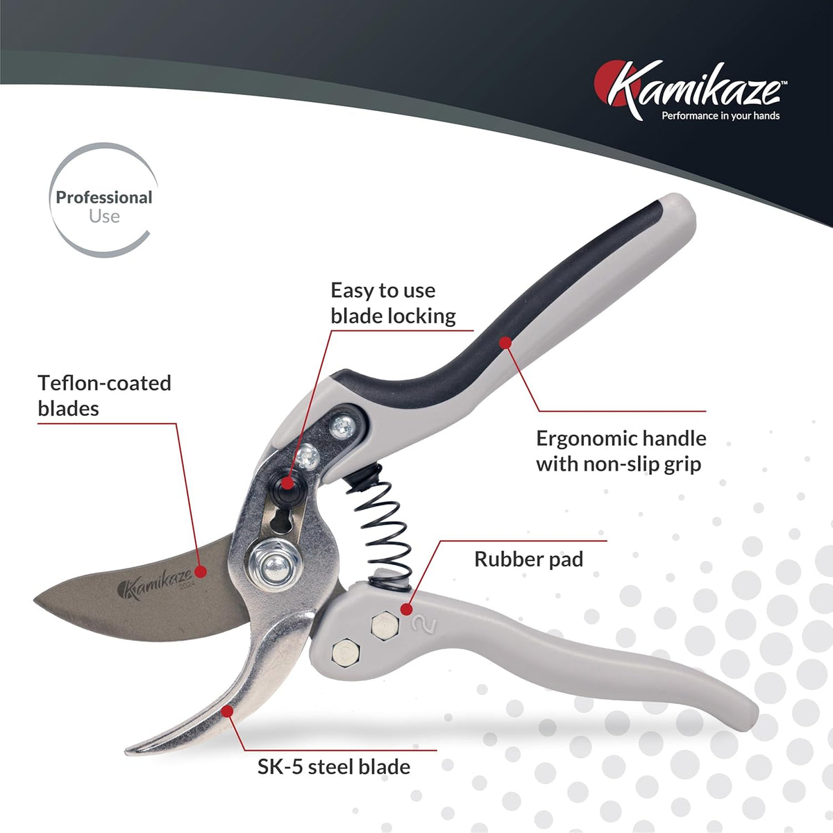 Kamikaze Pruning Shears, Professional Heavy Duty Handheld Clippers with Japanese Steel Titanium Blade, 1" Cutting Capacity, Ergonomic Handle Reduces Fatigue & Boosts Efficiency – Arthritis-Friendly