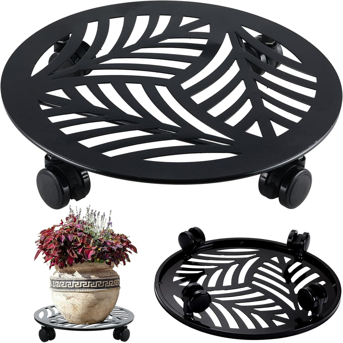 1 Packs Large Metal Plant Caddy with PU Wheels 13.6" Heavy-Duty Wrought Iron Rolling Plant Stands Indoor Outdoor Wheeled Plant Dolly Planter Mover Rollers Plant, Leaf Style