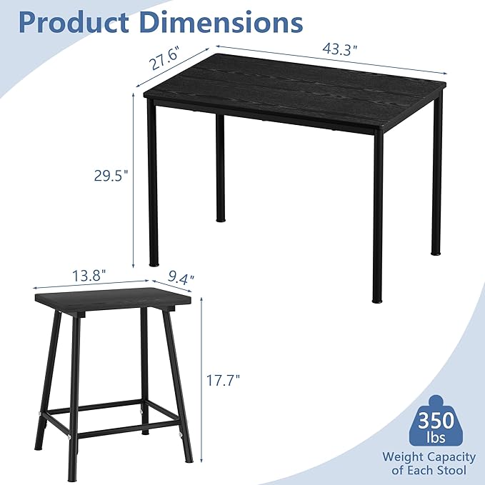 VECELO Kitchen Table and Chairs for 4, Dining Room Set with Chairs/Stools, Heavy-Duty Metal Frame with Wooden Tabletop for Small Spaces, Easy Assembly, Elegant Black