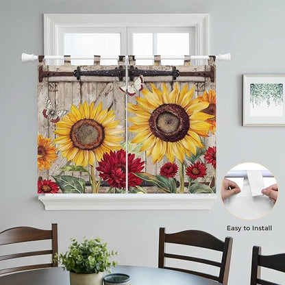 Sunflowers Bedroom Curtains 63 Inch Length, Window Curtains Tab Top, Retro Flower Barn Doors Butterfly Farmhouse Brown Light Filtering Window Treatments Drapes 42"x63" 2 Panel