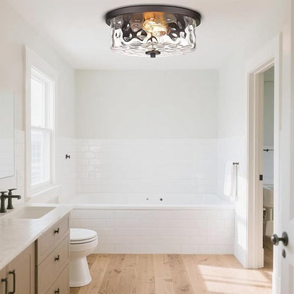 Indoor Flush Mount Lights, 2-Light Interior Hammered Glass Ceiling Fixture, Antique Bronze for Hallway, Dining Room, Kitchen
