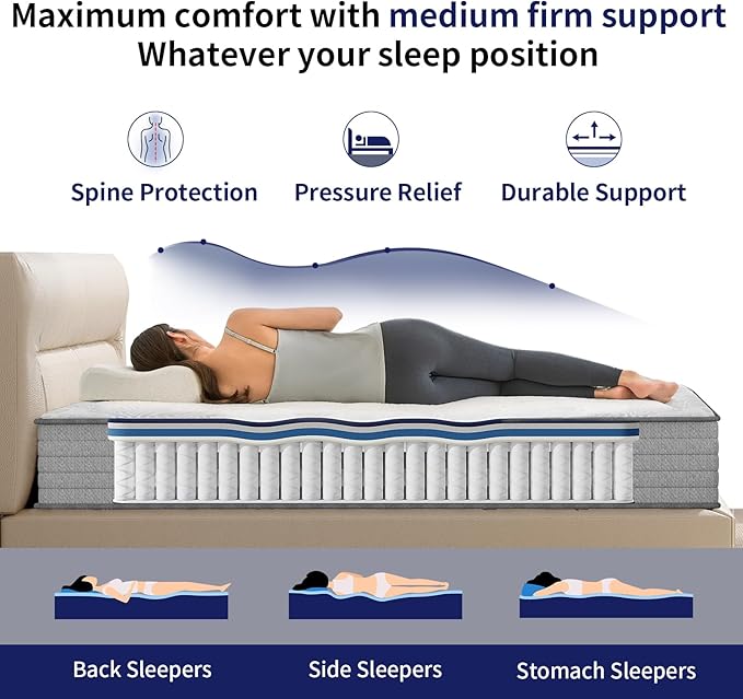 King Mattress 12 Inch, Hybrid Mattress in a Box, Memory Foam Matress with Pocket Spring, Soft & Comfortable Medium Firm, Motion Isolation, Pressure Relief, CertiPUR-US Certified (80"*76"*12")