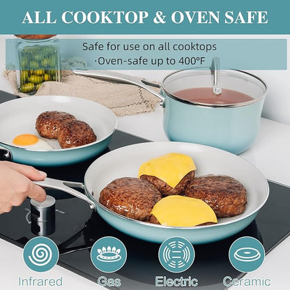 Kitchen Pots and Pans Set Non Stick, 11 Pcs Ceramic Cookware Set with Stay-Cool Handle, Pot and Pan Set NonToxic PFOA/PFAS Free, Dishwasher/Oven Safe, Evenly Heats, Enamel Exterior - Teal