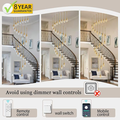 138'' Large Chandeliers for Living Room Modern Crystal Gold Chandeliers Spiral Staircase Pendant Light High Ceiling Lamp Fixture for Foyer Entrance Dimmable 2700-6000K